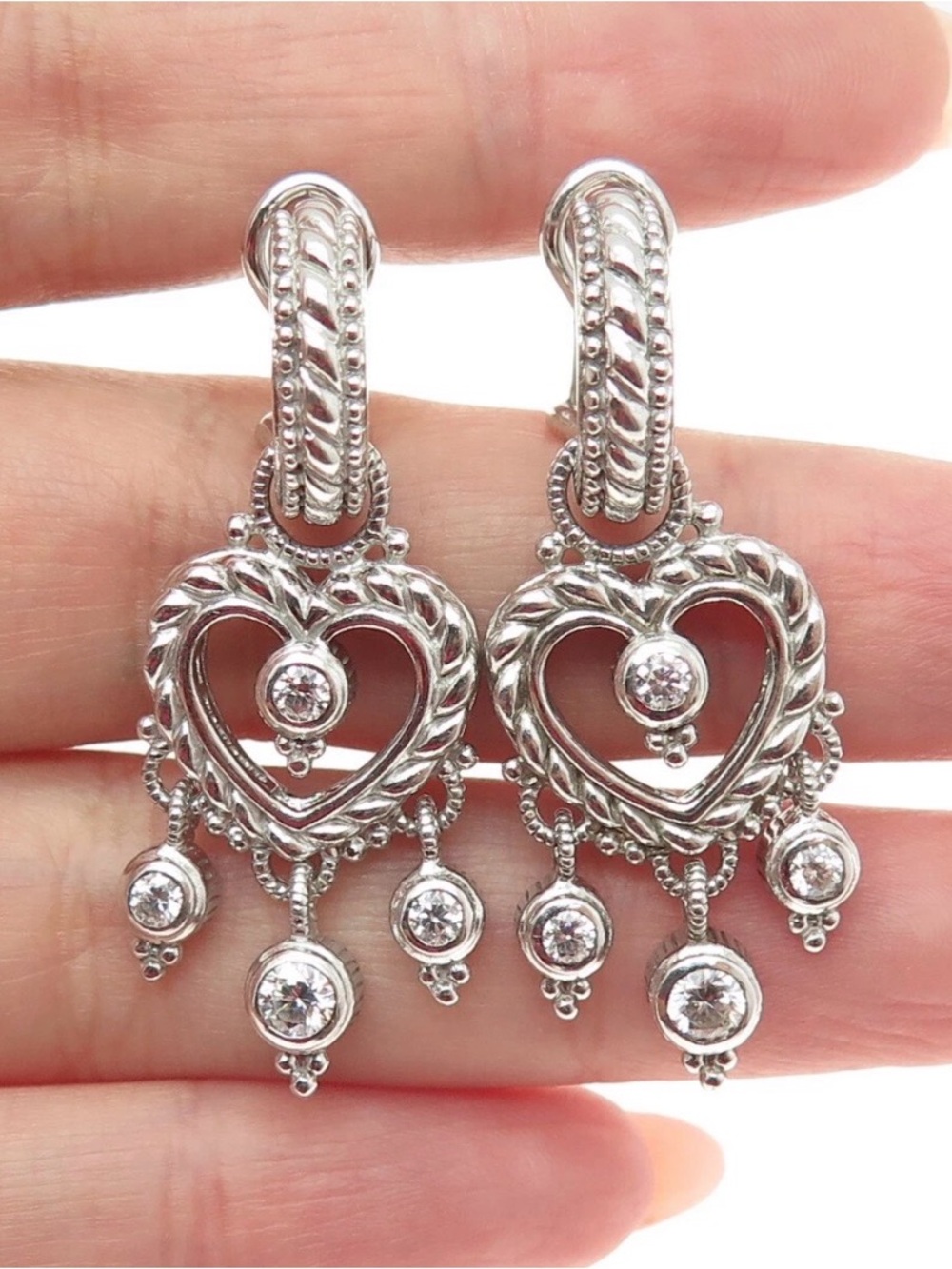 Silver tone Heart Drop Earrings - with round cut shape C Z Heart dangle earrings